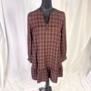 Plaid Long Sleeve Midi Dress By Loft - Red & Black Checkered Pattern - Size Smal
